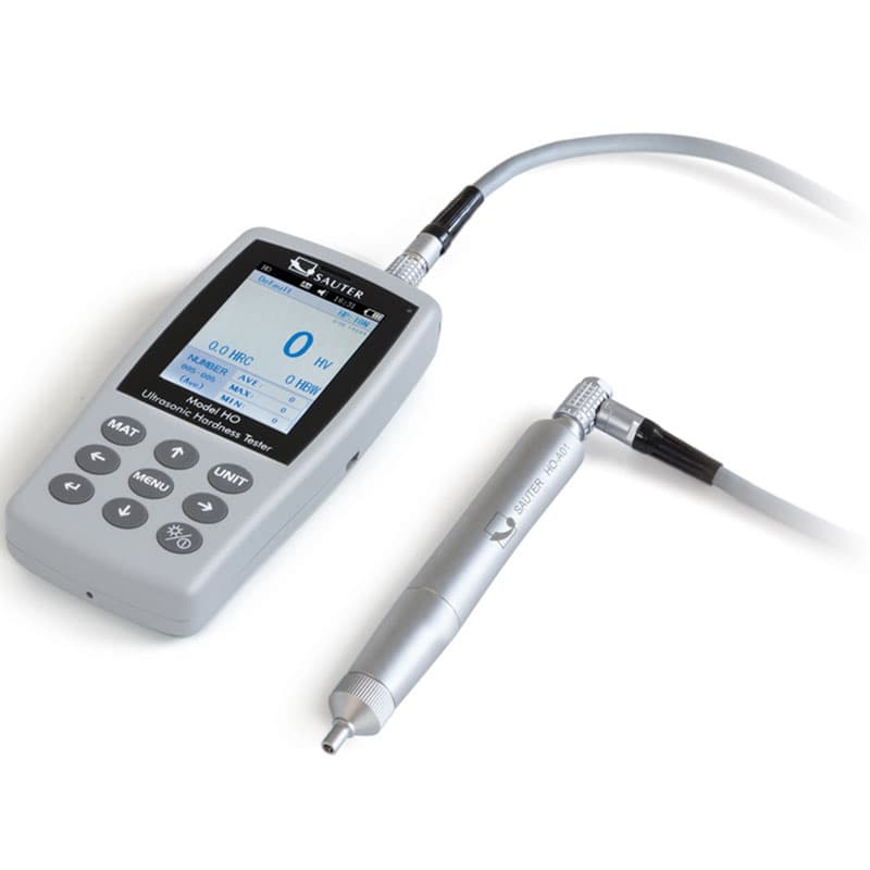 Sauter ultrasonic hardness tester connected to a measurement probe, screen showing inactive "0 HV" reading.
