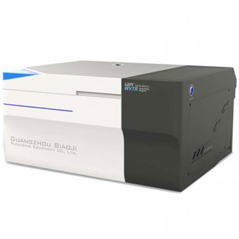Modern dual-tone water vapor transmission testing device, featuring white and black sections with branding, a blue accent line, and side ventilation slots.