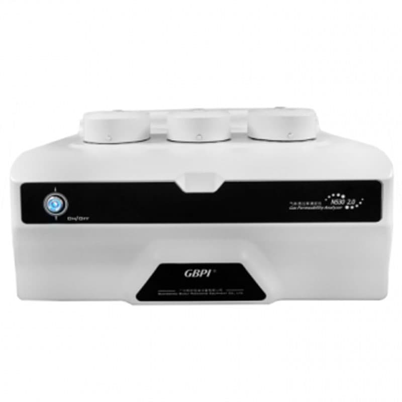 White gas permeability analyser with three cylindrical ports on top, a black front panel featuring the GBPI logo, LED indicator light, and labelled as N530 2.0.