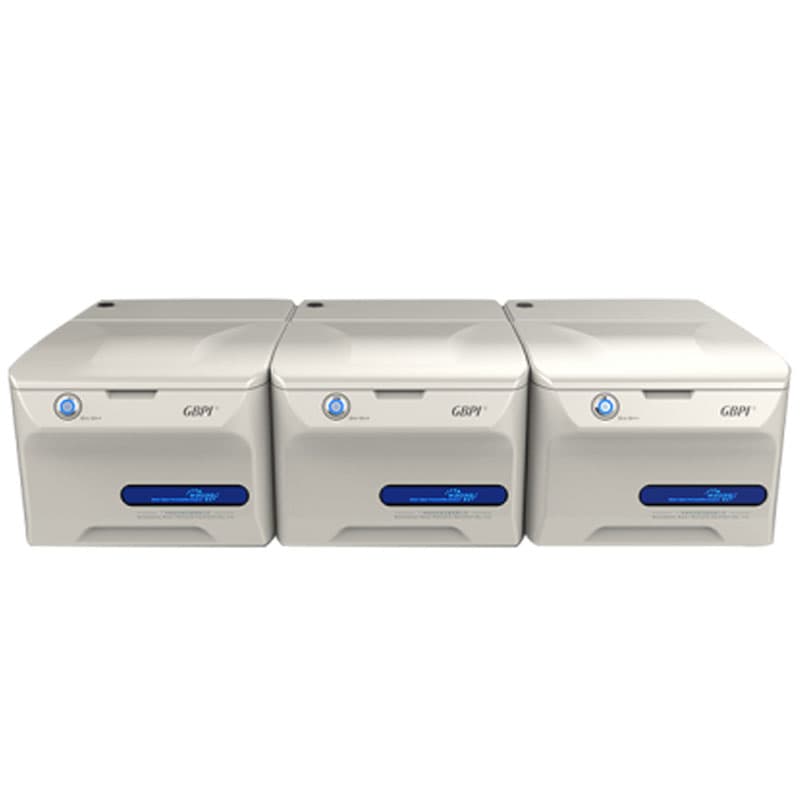 Three GBPI gas permeability analysers positioned side by side, featuring a white exterior, blue LED indicators, and a clean, compact design.