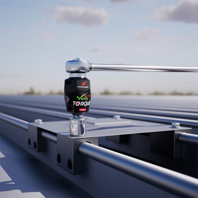 Hydrajaws Verify Torque tool connected to a bolt on a metal structure, with a torque wrench attached, set outdoors under a clear sky.