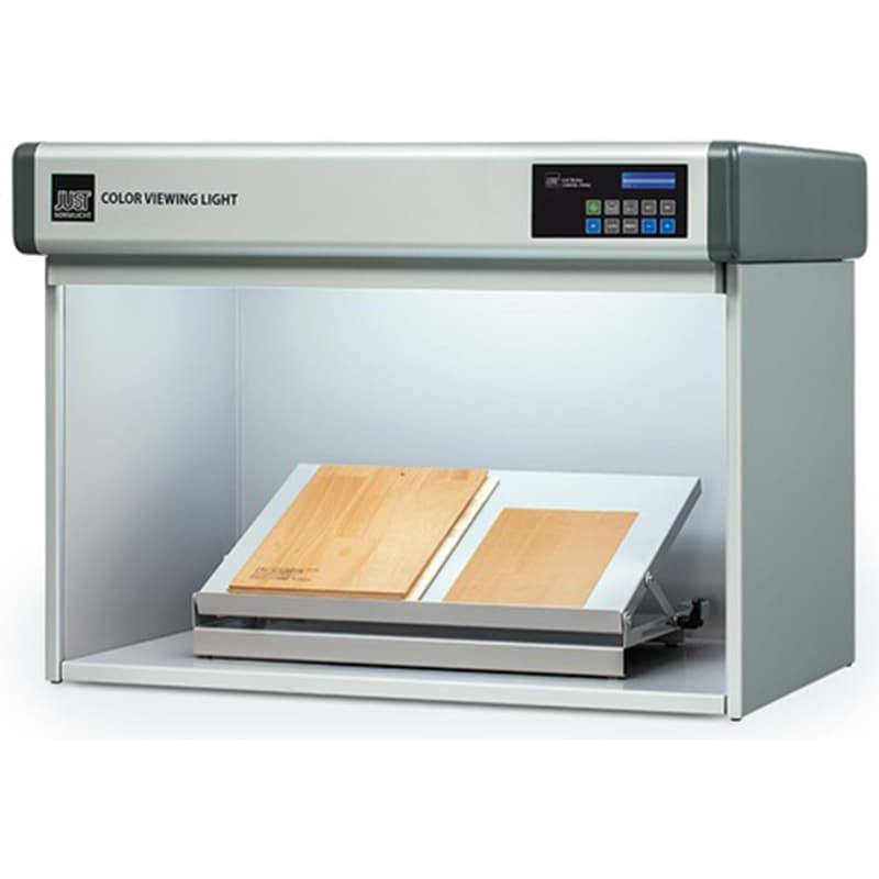 DLS V8 Colour Assessment Cabinet with illuminated viewing area and wood samples on an angled stand for colour comparison.
