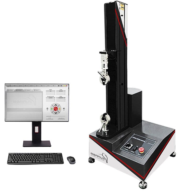 Barrus Red single-column universal testing machine with computer workstation for tensile and compression materials testing.