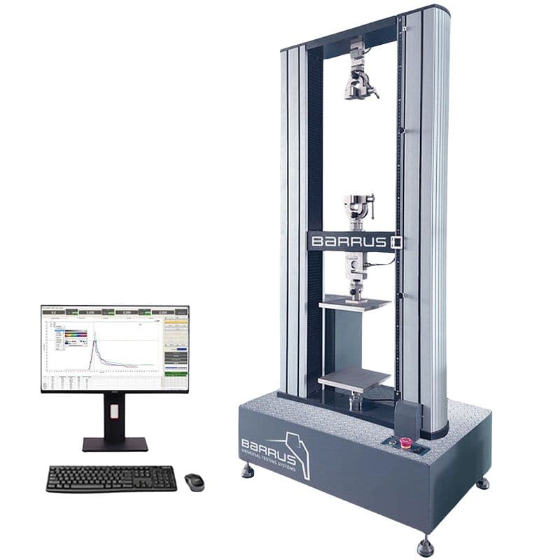 Barrus Grey dual-column universal testing machine with computer software used for tensile, compression, and materials testing.