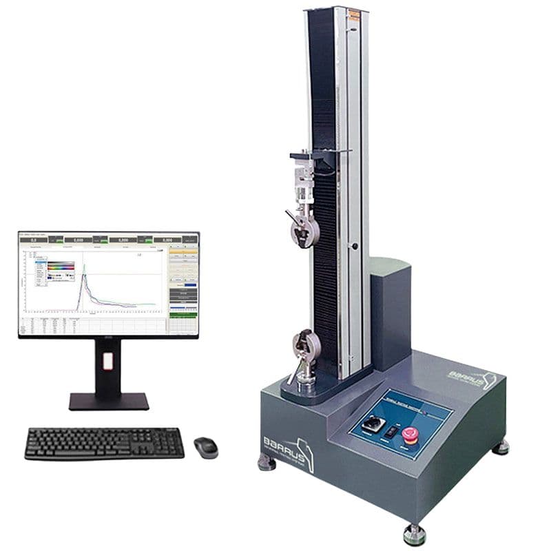 Barrus Grey single-column universal testing machine with computer software display for tensile and compression material testing.