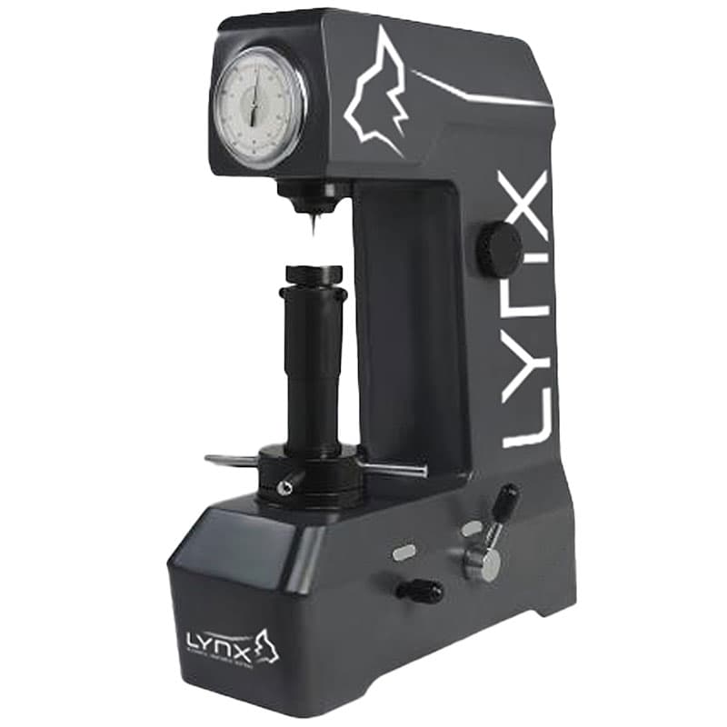 LYNX manual Rockwell hardness tester with analogue dial gauge and adjustment knobs.