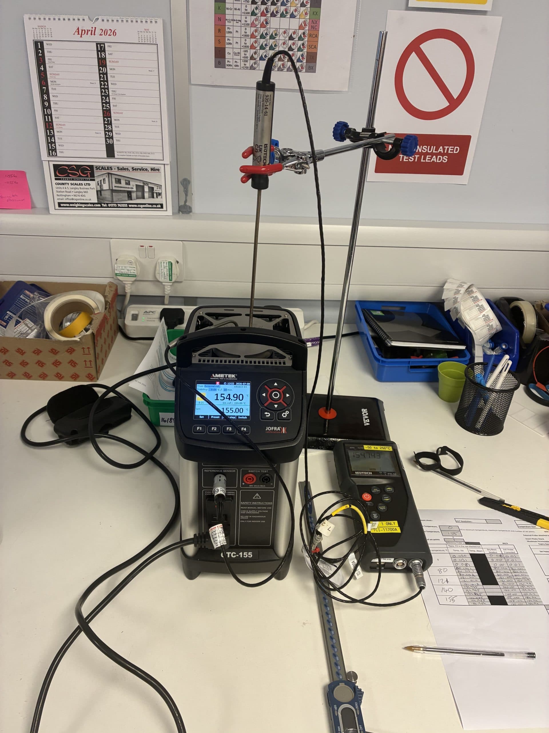 Dry block calibration setup using an AMETEK JOFRA CTC-155 calibrator, with a temperature probe held vertically in the heated block and reference temperature instrumentation used for comparison at a 155 °C calibration point.