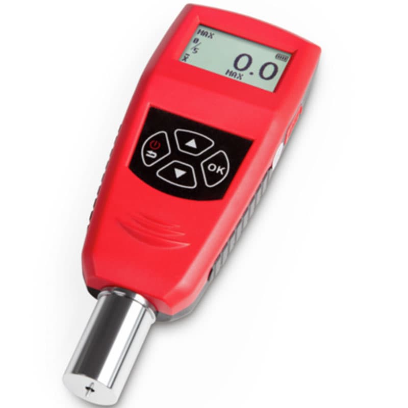 Digital Shore A hardness tester with LCD display and control buttons in red casing.