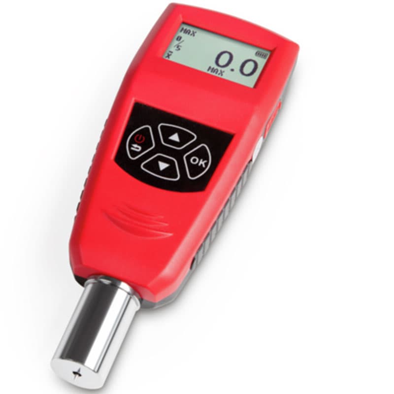 Red digital handheld Shore D hardness tester with screen and control buttons.