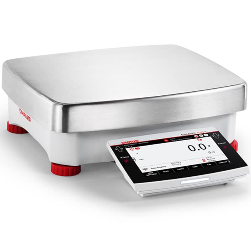 Side angled view of OHAUS Explorer Plus High Capacity EXP Precision Balance scale with stainless pan and terminal.