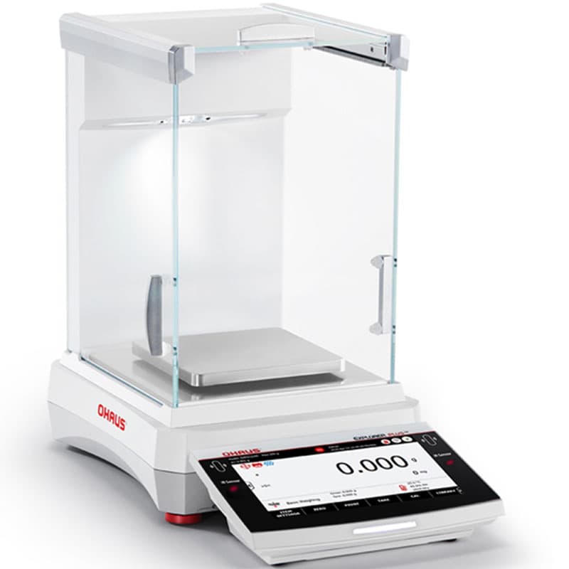 OHAUS Explorer Plus™ analytical balance with open draftshield door and weighing pan.