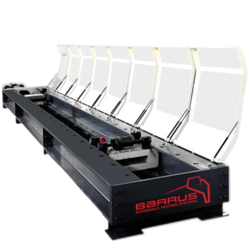 Barrus RED Hydra H 2000kN horizontal tensile tester with black frame and transparent safety shields.