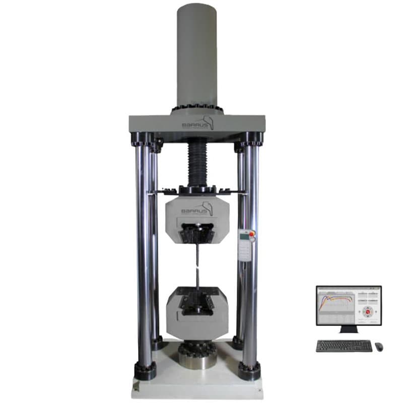 Barrus vertical tensile tester with hydraulic grips and PC-based control system displaying test graphs.