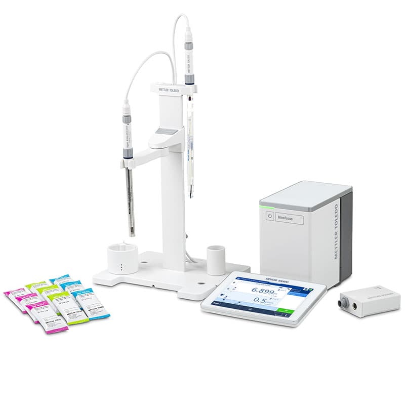 NineFocus NF2300 Pure H2O pH and conductivity meter kit with probes, touchscreen display, and calibration buffers.