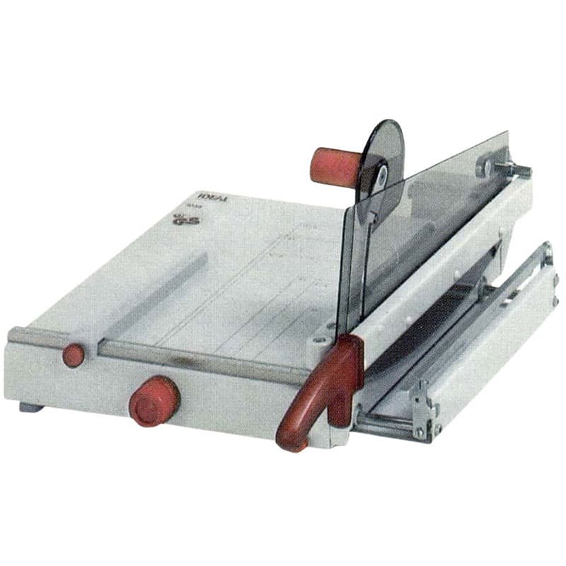Ideal 1038 sample cutter with vertical blade and protective guard on base unit.