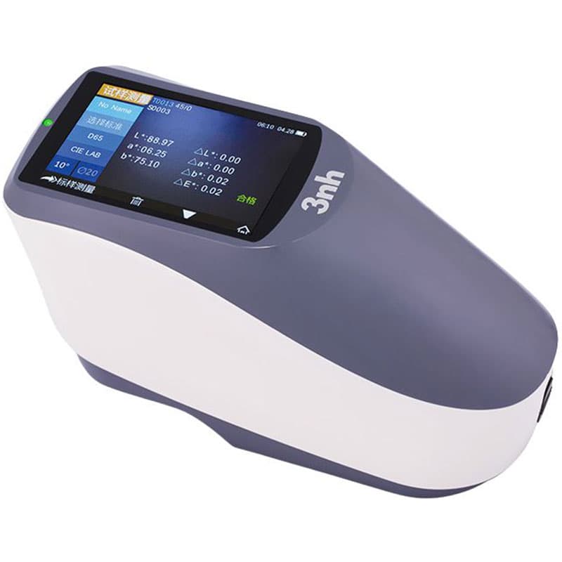 Handheld spectrophotometer showing colour measurement data on a touchscreen.