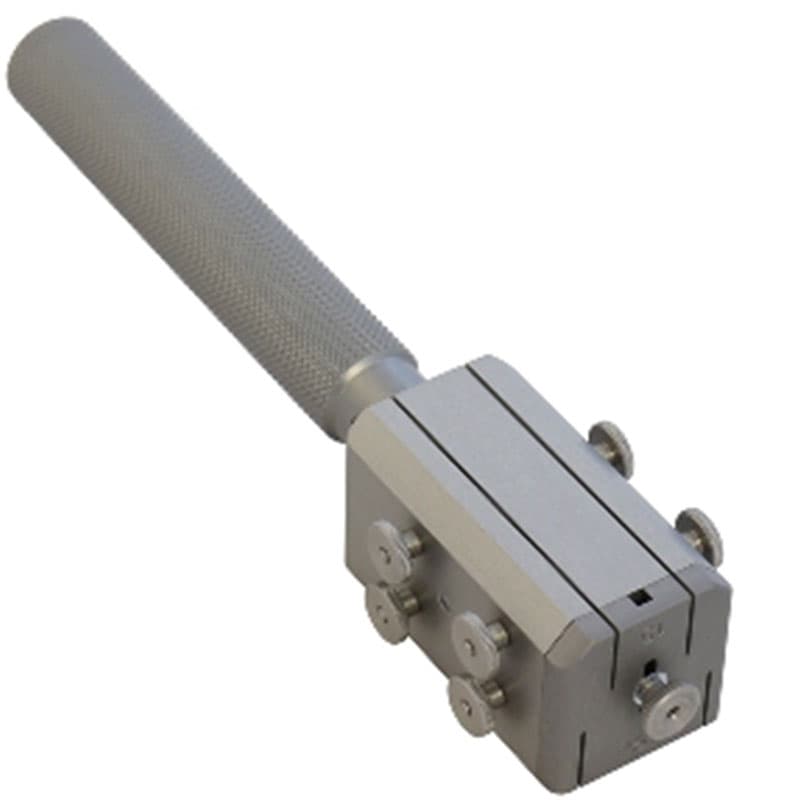 Manual dual blade sample cutter with knurled handle and adjustable cutting head.