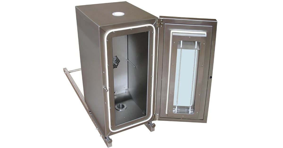 Stainless steel environmental test chamber with door open, showing empty interior and glass viewing window.