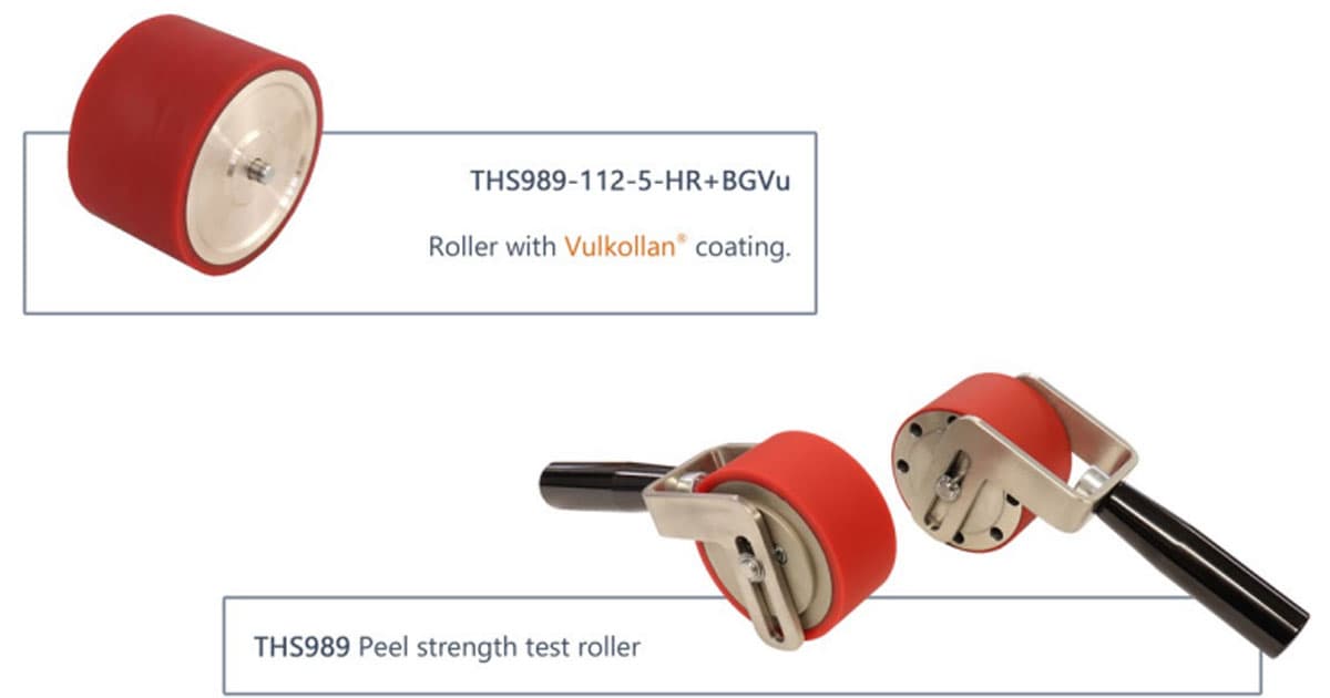 Red Vulkollan®-coated industrial rollers for peel strength testing, including a single coated roller and handheld roller assemblies with durable polyurethane surfaces.