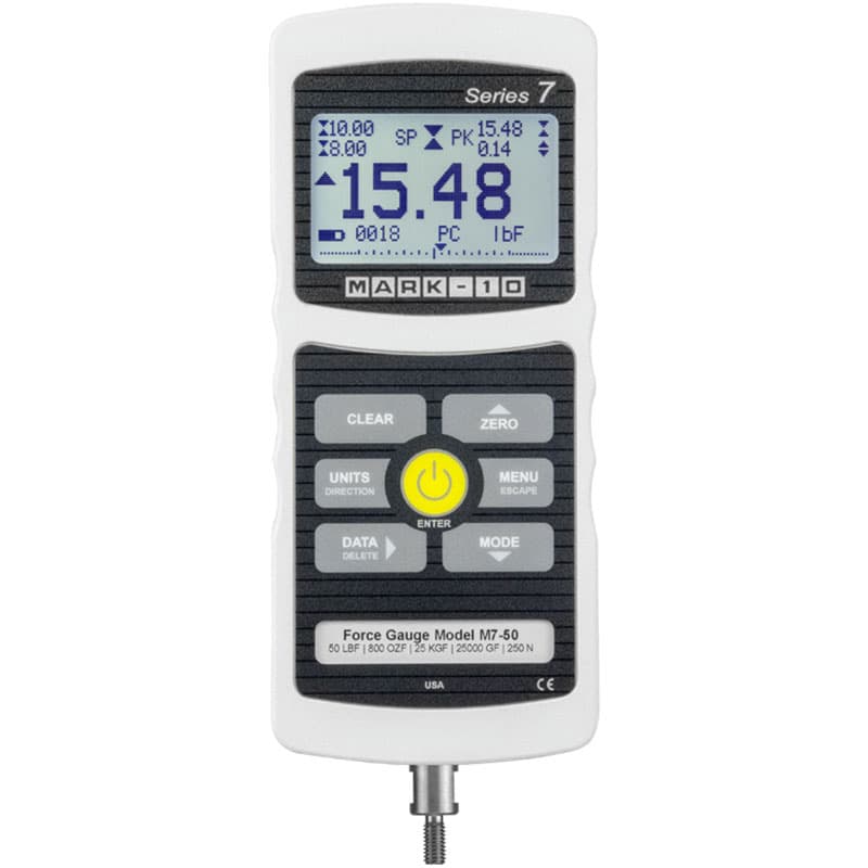 Front view of Series 7 M7-50 Professional Digital Force Gauge with LCD, control keypad, and bottom threaded load connection.