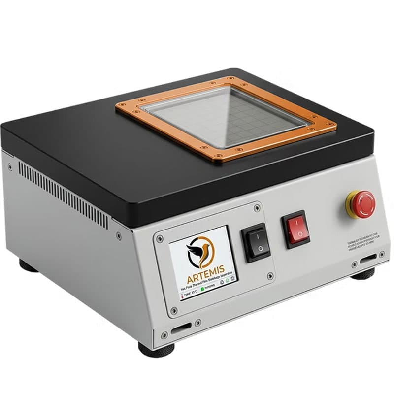 Hot Plate Thermal Film Shrinkage Apparatus with heated gridded test surface, temperature controls, power switches, and emergency stop button for testing plastic film shrinkage.