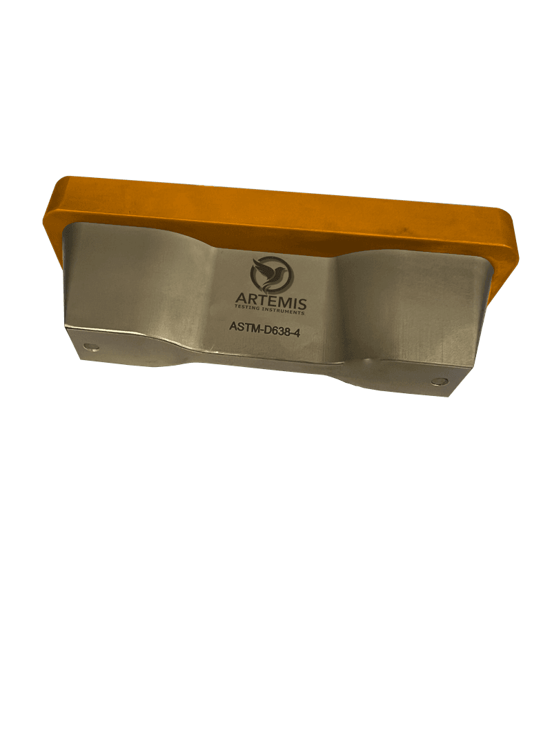 Artemis ASTM D638 Type IV test sample cutting die for preparing dumbbell specimens for plastic tensile testing.