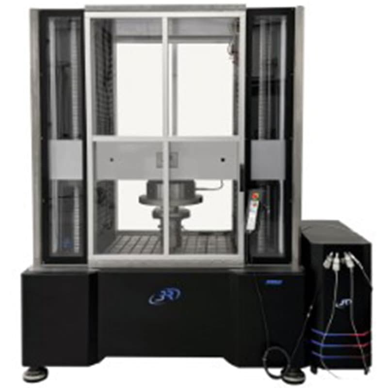 SYNTECH 1600 Ultra-High-Capacity Electromechanical Universal Testing Machine with the safety enclosure closed, showing the central test fixture and side control cabinet.