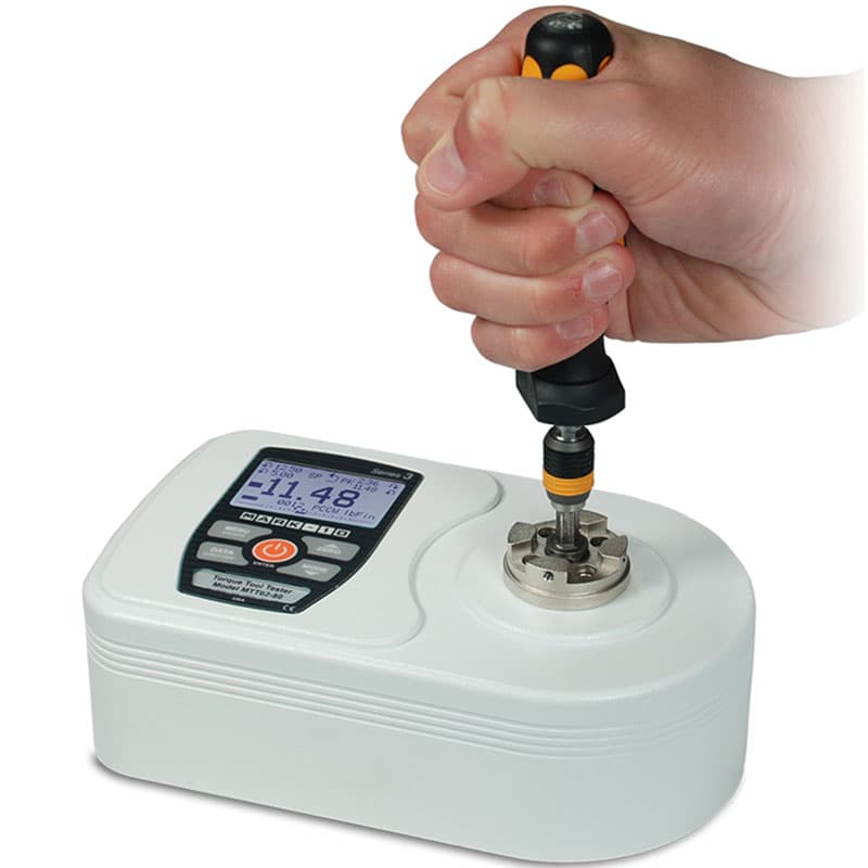 Hand screwdriver being tested on a Series TT02 torque tool tester.