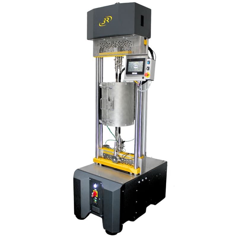 Dual-Axis Electromechanical Creep Testing Machine with high-temperature furnace and touchscreen control system.