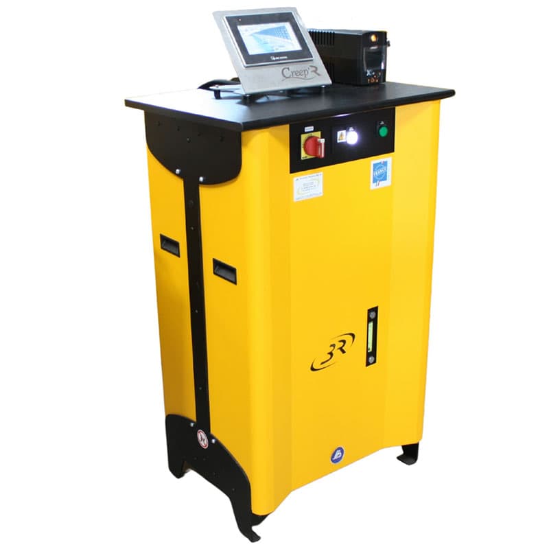 CREEP'R creep frame control cabinet with touchscreen interface, status indicators, and emergency-stop control.
