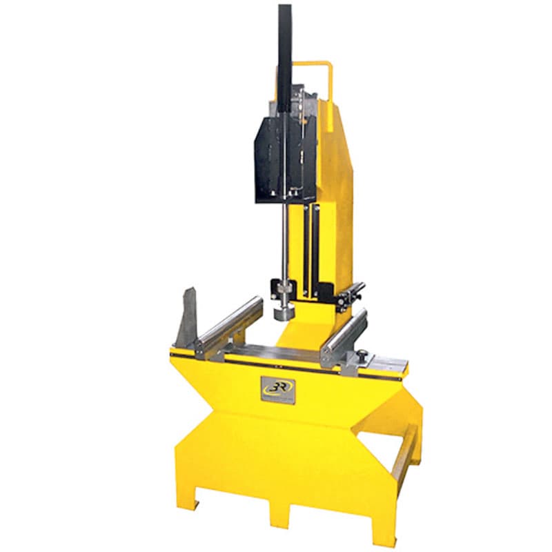 Compact gooseneck-type flexural testing machine with vertical loading assembly, adjustable specimen supports, and yellow open frame.